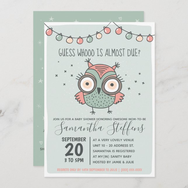 Invitation Scandinavie Green Whoo est due Owo Baby shower (Devant / Derrière)