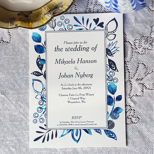 Invitation Scandinavie Motif floral bleu-gris d'hiver (Crystal Blue and Blue Gray Floral Decorative Frame Wedding Invitation)