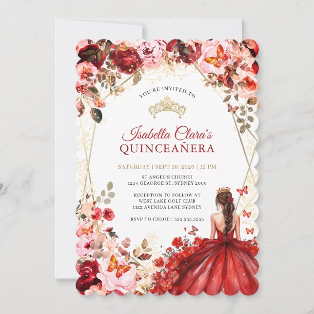 Invitation Scarlet Elegance Gold Enchanted Floral Quinceanera (Devant)