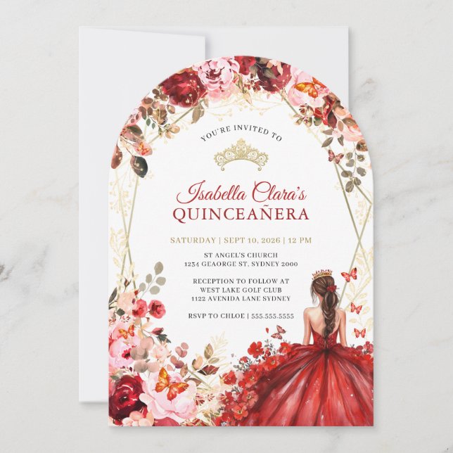 Invitation Scarlet Elegance Gold Enchanted Floral Quinceanera (Devant)