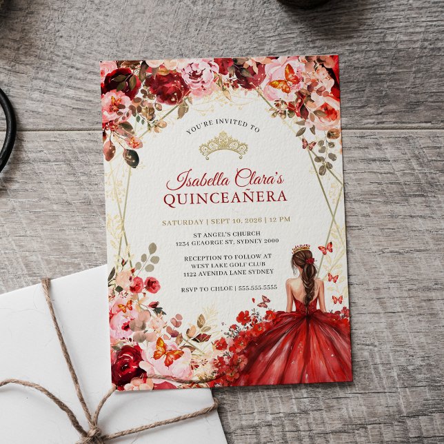 Invitation Scarlet Elegance Gold Enchanted Floral Quinceanera (Créateur téléchargé)
