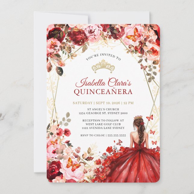 Invitation Scarlet Elegance Gold Enchanted Floral Quinceanera (Devant)