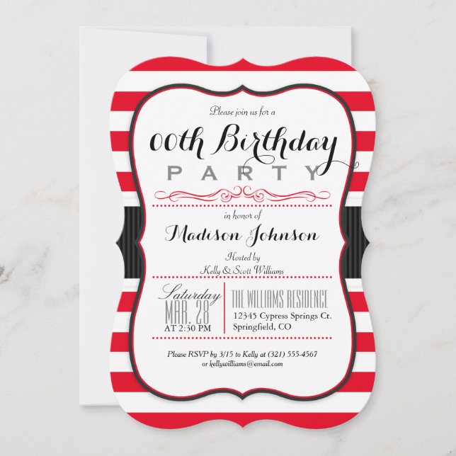 Invitation Scarlet Red & White Stripes fête d'anniversaire (Devant)