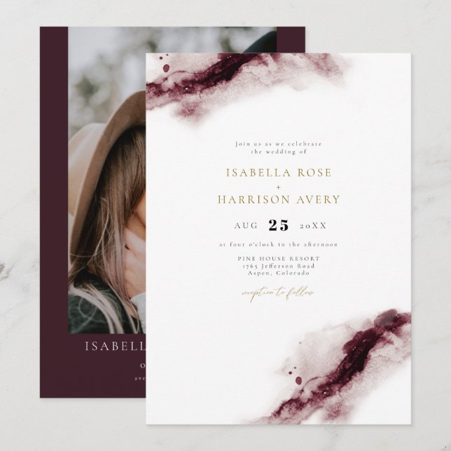 Invitation SCARLETT | Boho Burgundy Gold Watercolor Mariage (Devant / Derrière)