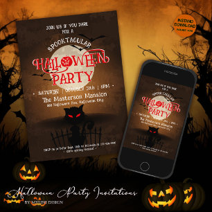 Invitation Scarry Chat noir, chauves-souris et Pleine lune Ha