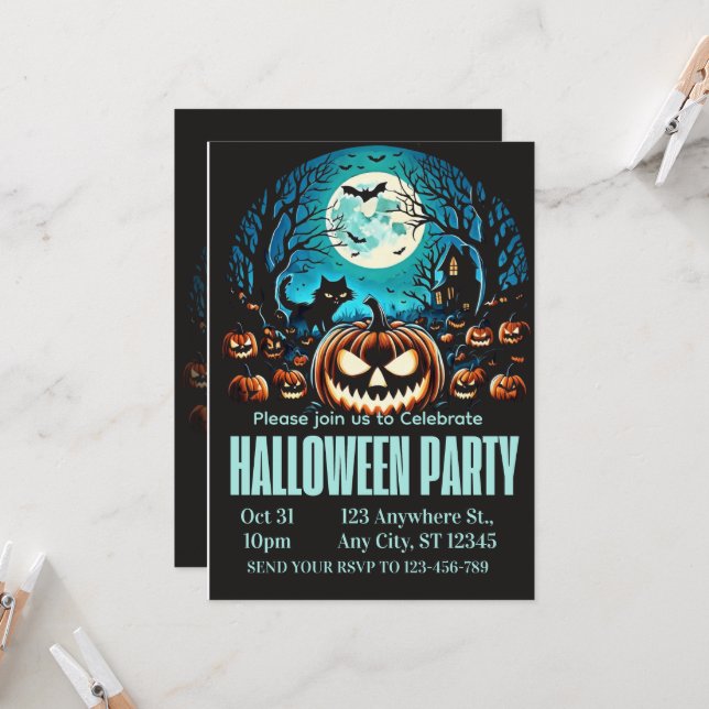 Invitation Scary Pumpkin Moonlit Halloween Party Invite (Devant/Arrière en situation)