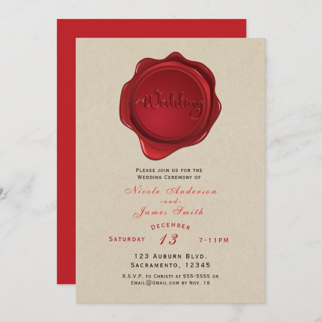Invitation Sceau de cire rouge Élégant Kraft Brown Mariage ru (Devant / Derrière)
