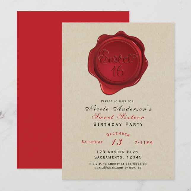 Invitation Sceau de cire rouge Sweet 16 Rustique Kraft Fête d (Devant / Derrière)