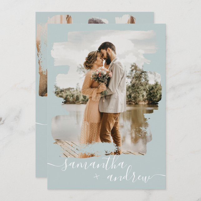 Invitation Scénario 2 photos vert mer mariage (Devant / Derrière)