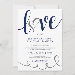 Invitation Scénario d'amour de mariage bleu marine et gris cœ