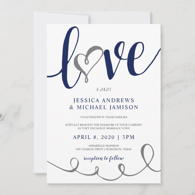 Invitation Scénario d'amour de mariage bleu marine et gris cœ (Devant)