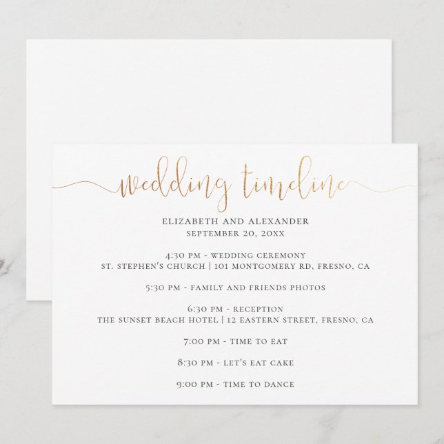 Invitation Scénario de chronologie de la fête de mariage. Cal (Devant / Derrière)