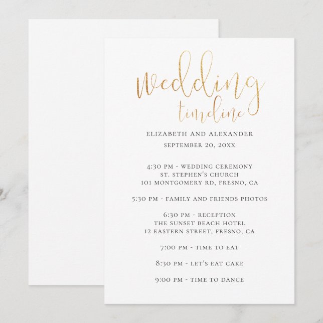 Invitation Scénario de chronologie de la fête de mariage. Cal (Devant / Derrière)