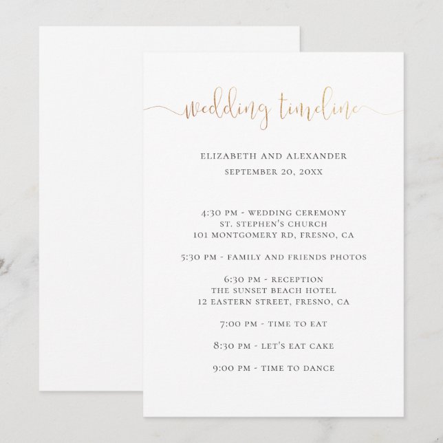 Invitation Scénario de chronologie de la fête de mariage. Cal (Devant / Derrière)