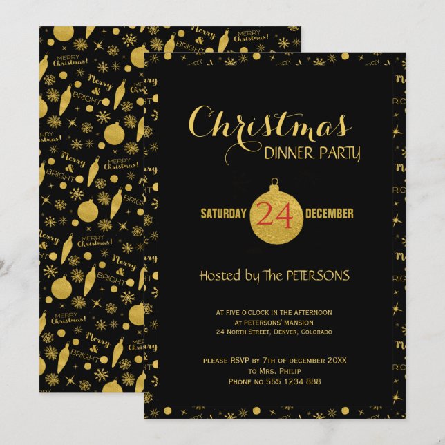 Invitation Scénario de Noël glamour motif or noir (Devant / Derrière)