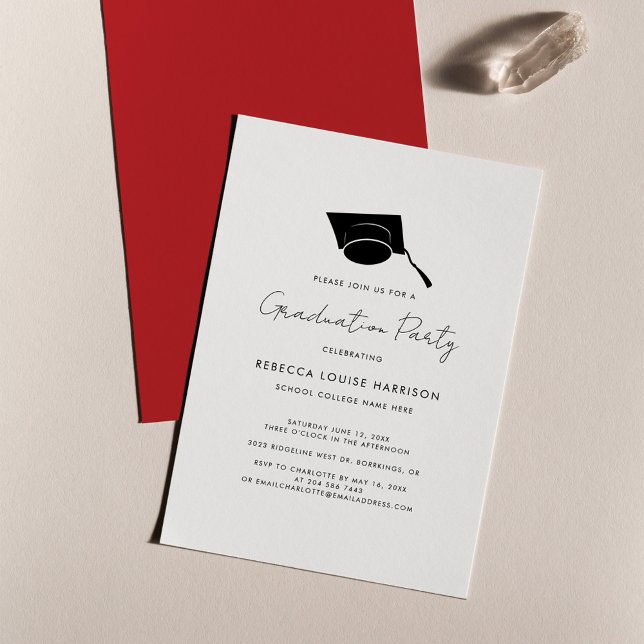 Invitation Scénario de remise des diplômes Rouge Élégant Dipl (Graduation 2024 Party Grad Cap Red Invitation)