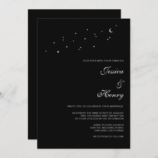 Invitation Scénario élégant céleste minimaliste Mariage noir (Devant / Derrière)
