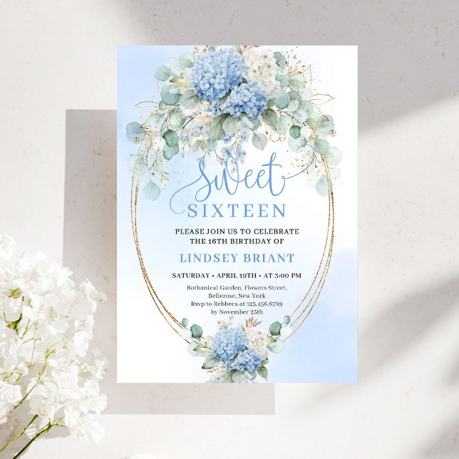 Invitation Scénario romantique Fleurs bleues Eucalyptus Sweet (Romantic Script Blue Floral Eucalyptus Sweet 16 Invite)