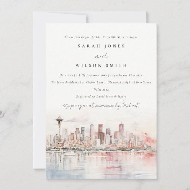 Invitation Scène aquarelle de Seattle, Washington pour douche (Devant)