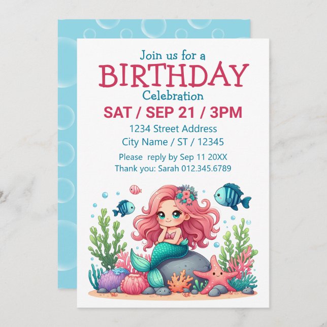 Invitation Scène charmante de sirène et d'amis poissons capri (Devant / Derrière)