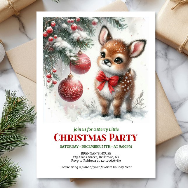 Invitation Scène classique de forêt enneigée au lavis avec un (Classic cozy fawn snowy forest watercolor scene Christmas invite

)