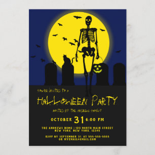 Invitation Scène de cimetière de squelette effrayant Chat Bat