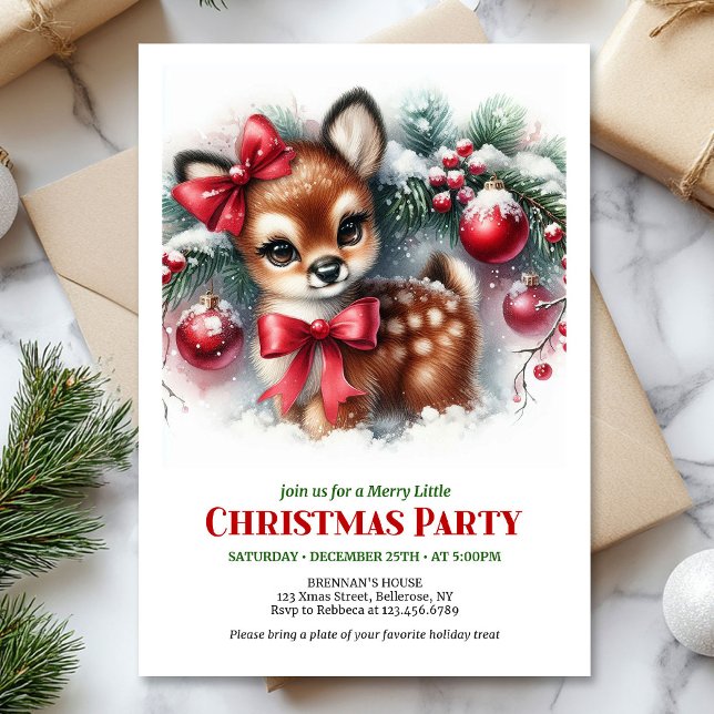 Invitation Scène de forêt enneigée classique et cosy pour Noë (Classic cozy fawn snowy forest scene Christmas invite

)