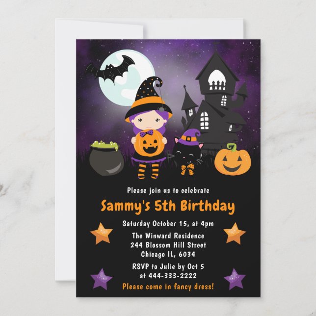 Invitation Scène de Halloween de sorcière mignonne pour fête  (Devant)
