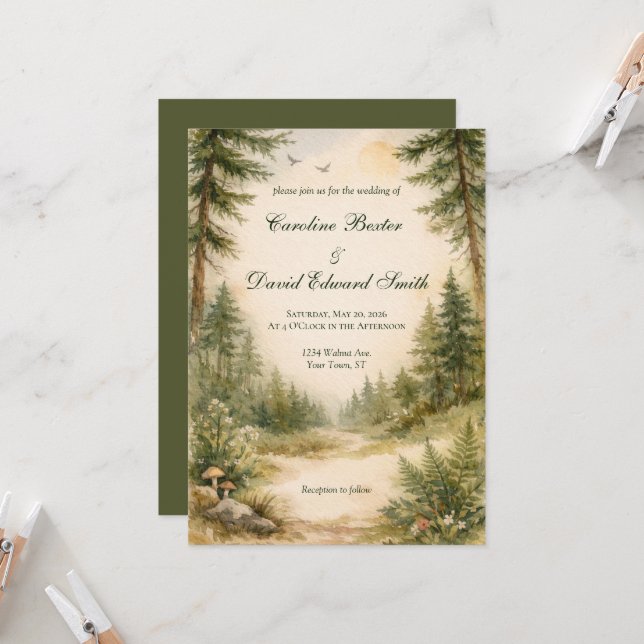Invitation Scène de mariage forestière peinte à l'aquarelle m (Devant/Arrière en situation)