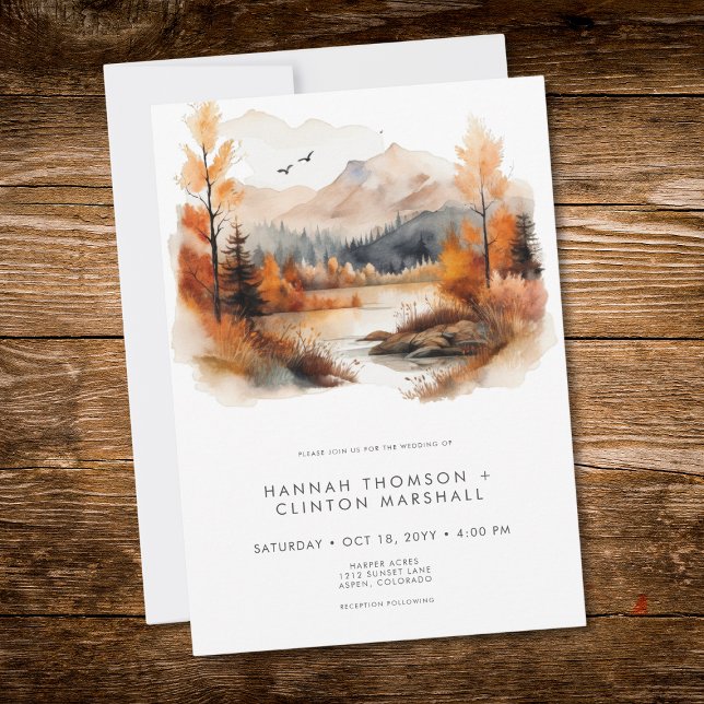 Invitation Scène de montagne automnale rustique aquarelle mar (Rustic Fall Mountain Scene Watercolor Wedding)