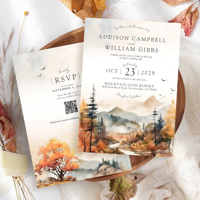 Invitation Scène de montagne d'arbre d'automne à l'aquarelle  (Rustic elegant Fall Trees watercolor forest mountain landscape terracotta QR code wedding invitation)
