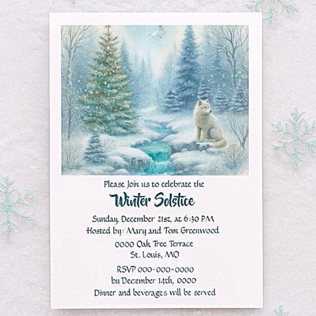 Invitation Scène de neige avec dîner du solstice d'hiver Rena (Winter Solstice invitation with forest wolf, lantern glow, celestial accents and seasonal gatherings)