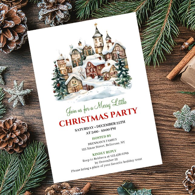 Invitation Scène de Noël festive rouge vert tendance  (Trendy red green Christmas scene festive celebration)
