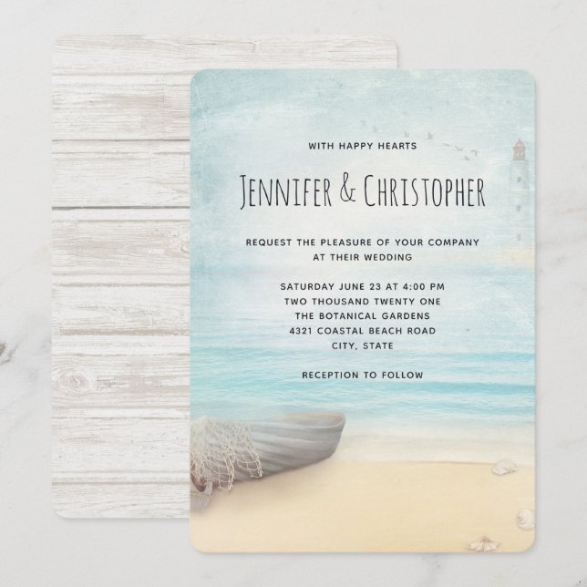 Invitation Scène de plage charmante avec bateau et phare (Devant / Derrière)