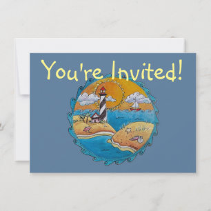 Invitation Scène de plage de phare fantaisiste, art folkloriq