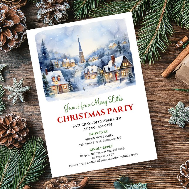 Invitation Scène de vacances de Noël villageoise à l'aquarell (Cozy watercolor Christmas village holiday scene invite)