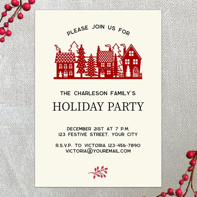 Invitation Scène de village de Noël moderne pour fête de fête (Modern Christmas Village holiday party invitation with custom text)