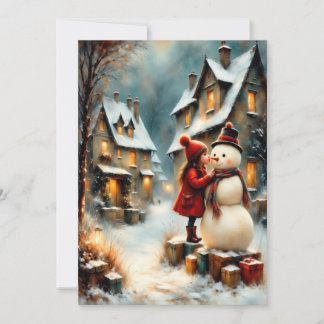 Invitation Scène de village hivernale avec une fille et un bo