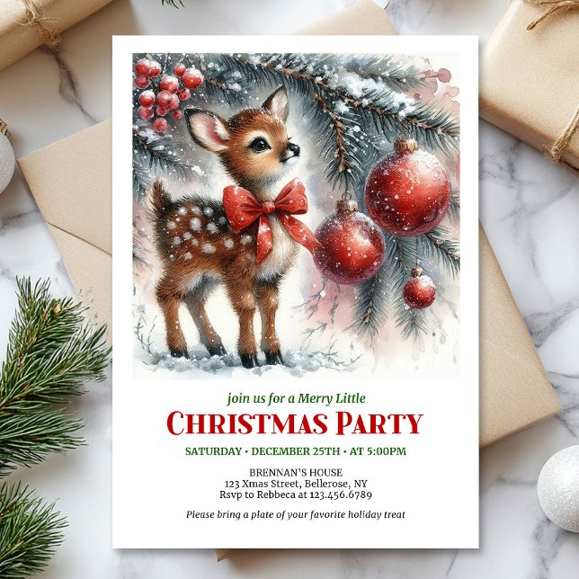 Invitation Scène hivernale confortable de faon bébé imprimabl (Cozy baby fawn winter scene printable Christmas invite)