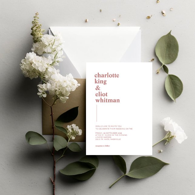 Invitation Schlicht moderne Weiß, Braun einladung (Modern, simple, white wedding invitation with brown font.)