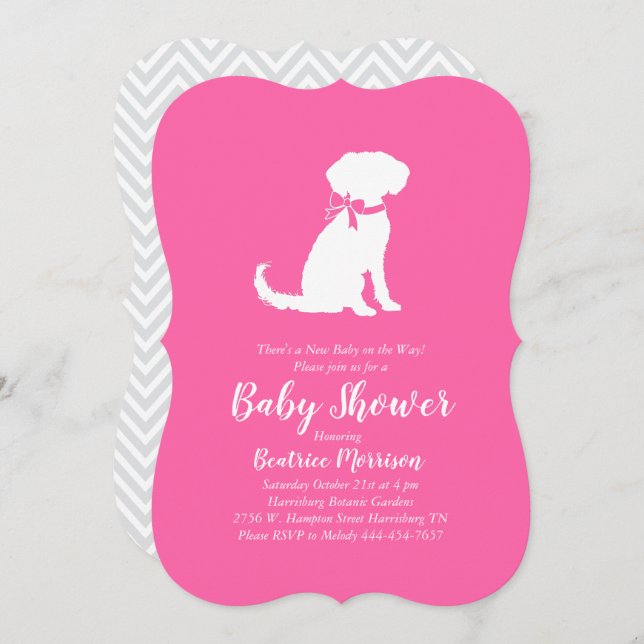 Invitation Schnoodle Chien Baby shower fille rose (Devant / Derrière)
