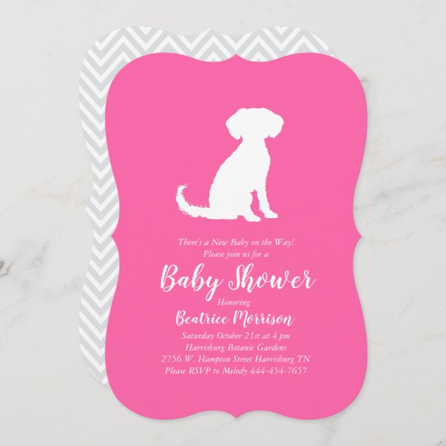 Invitation Schnoodle Chien Baby shower fille rose (Devant / Derrière)