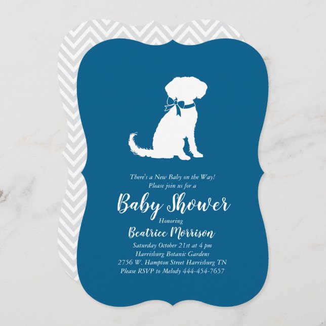 Invitation Schnoodle Chien Baby shower Garçon bleu (Devant / Derrière)