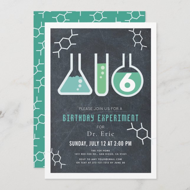 Invitation Science Experiment Black Chalkboard Anniversaire (Devant / Derrière)
