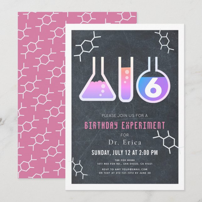 Invitation Science Experiment Black Chalkboard Girl Anniversa (Devant / Derrière)