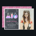 Invitation Science Experiment Chalkboard Girl Photo Anniversa<br><div class="desc">Cette cool "expérience d'anniversaire" science fête d'anniversaire photo invitation pour les filles comprend un tableau noir/tableau noir arrière - plan avec des flacons, et un tube d'essai encadré par une bordure blanche. L'envers est composé d'un arrière - plan rose avec des motifs moléculaires. Personnalisez-vous pour répondre à vos besoins. Vous...</div>