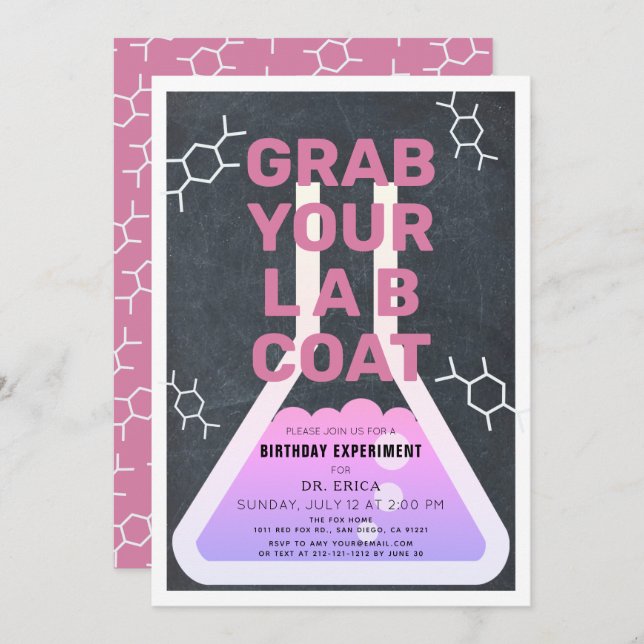 Invitation Science Experiment Flask Chalkboard Girl Birthday (Devant / Derrière)