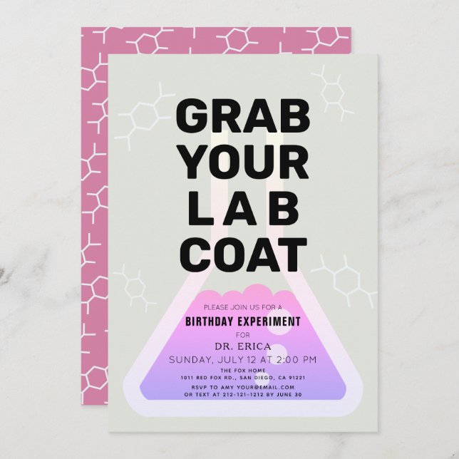 Invitation Science Experiment Flask Neon Rose Girl Anniversai (Devant / Derrière)