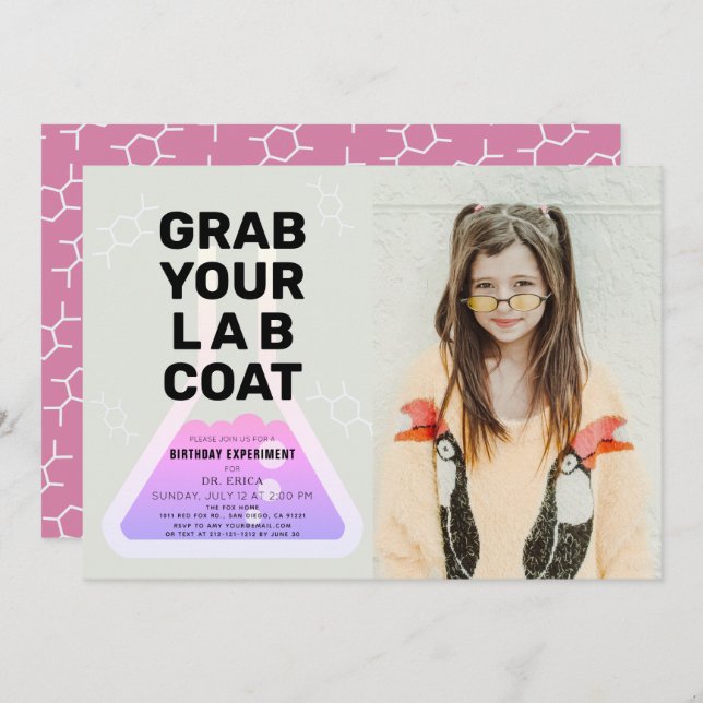 Invitation Science Experiment Flask Rose Girl Photo Anniversa (Devant / Derrière)