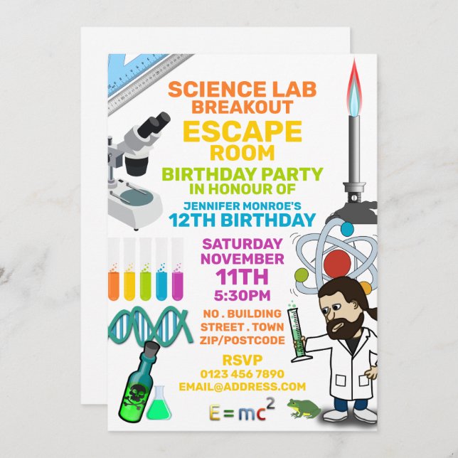 Invitation Science Lab Thème Escape Room, fête d'anniversaire (Devant / Derrière)